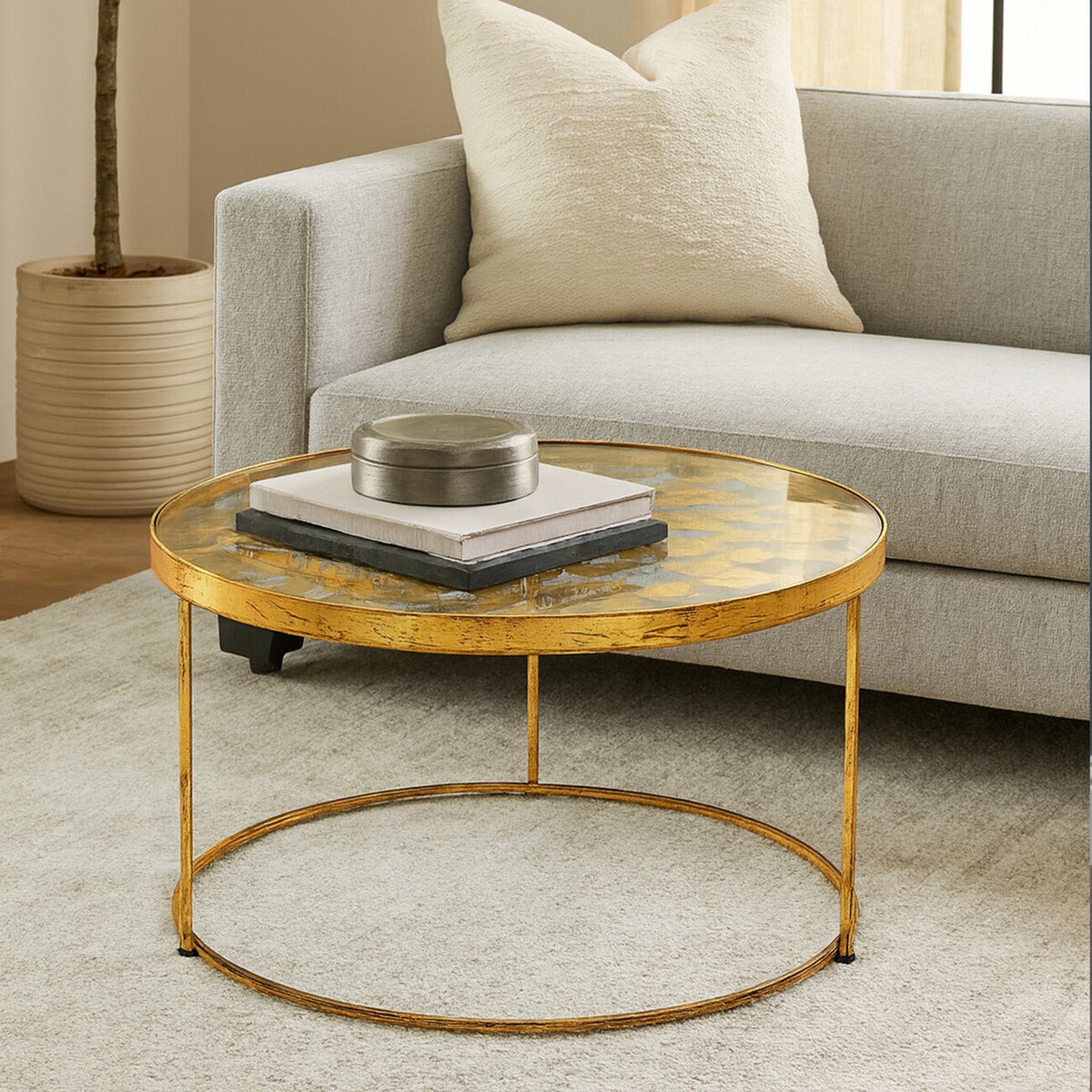 Butterfly Design Clear Glass Top Coffee Table with Gold Finish Wireframe Base, Rabia - Joe’s Haven