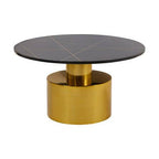 White Marble Round Top Coffee Table with Sculptural Geometric Gold Base, Rabia - Joe’s Haven