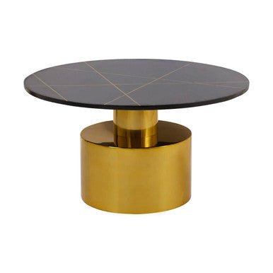 White Marble Round Top Coffee Table with Sculptural Geometric Gold Base, Rabia - Joe’s Haven