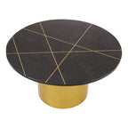 White Marble Round Top Coffee Table with Sculptural Geometric Gold Base, Rabia - Joe’s Haven