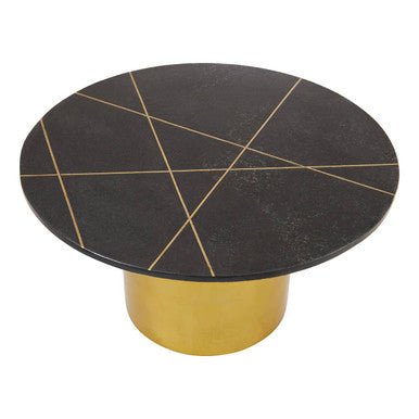 White Marble Round Top Coffee Table with Sculptural Geometric Gold Base, Rabia - Joe’s Haven
