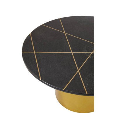 White Marble Round Top Coffee Table with Sculptural Geometric Gold Base, Rabia - Joe’s Haven