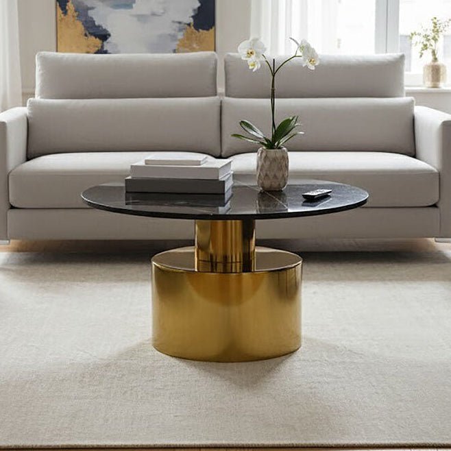 White Marble Round Top Coffee Table with Sculptural Geometric Gold Base, Rabia - Joe’s Haven