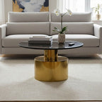 White Marble Round Top Coffee Table with Sculptural Geometric Gold Base, Rabia - Joe’s Haven