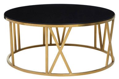 Brushed Gold Finish Steel Side Table with Roman Numeral Frame and Black Tempered Glass Top, Alana - Joe’s Haven