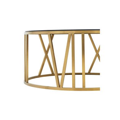 Brushed Gold Finish Steel Side Table with Roman Numeral Frame and Black Tempered Glass Top, Alana - Joe’s Haven