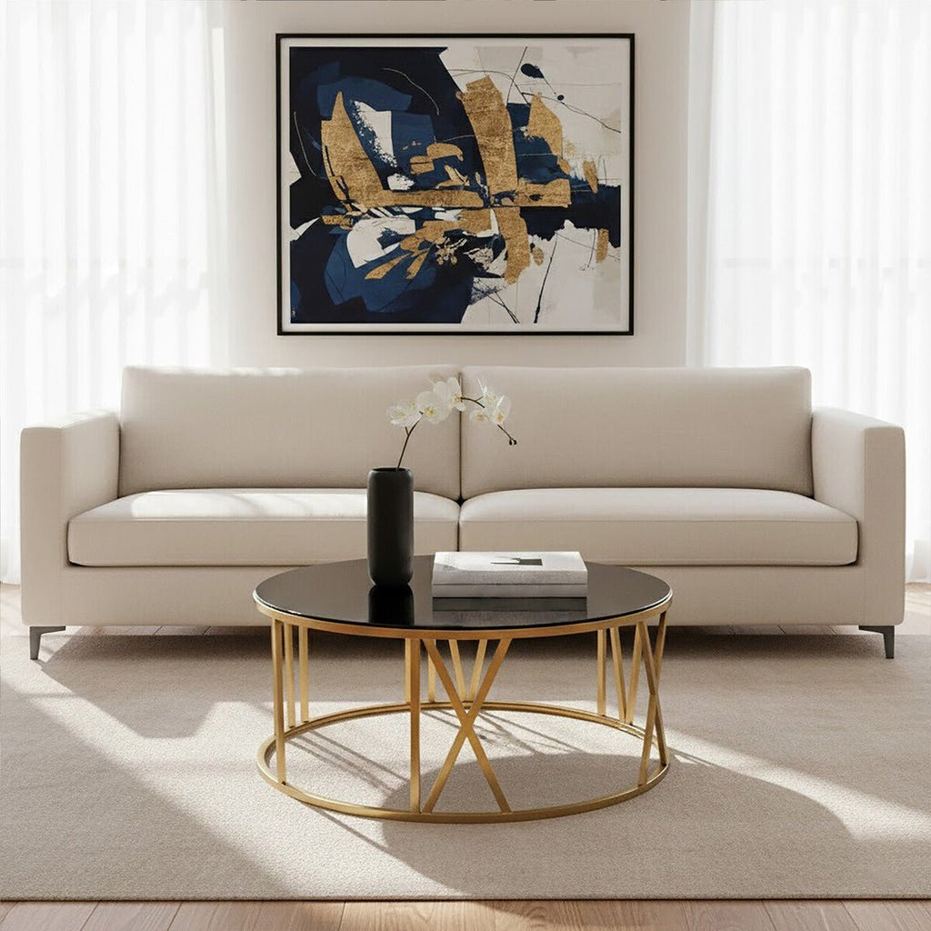Brushed Gold Finish Steel Side Table with Roman Numeral Frame and Black Tempered Glass Top, Alana - Joe’s Haven