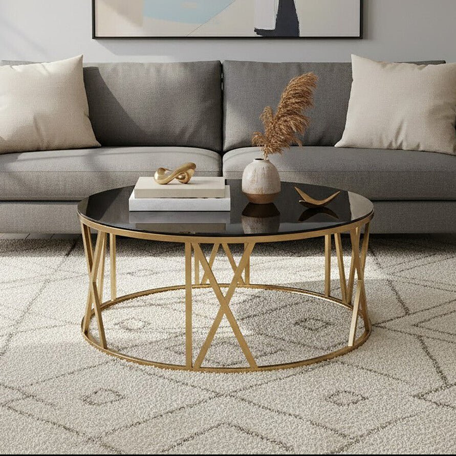 Brushed Gold Finish Steel Side Table with Roman Numeral Frame and Black Tempered Glass Top, Alana - Joe’s Haven