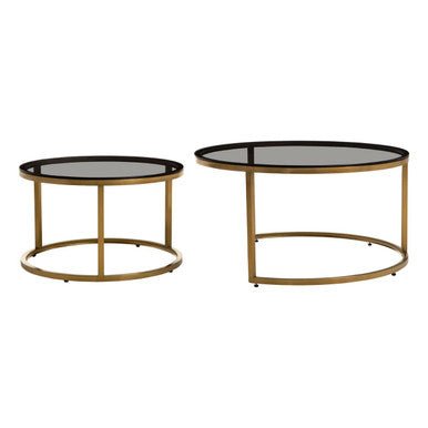 Set of 2 Black Tinted Glass Round Tops Nesting Coffee Tables with Brushed Gold Stainless Steel Frames, Alana - Joe’s Haven