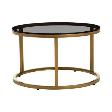 Set of 2 Black Tinted Glass Round Tops Nesting Coffee Tables with Brushed Gold Stainless Steel Frames, Alana - Joe’s Haven
