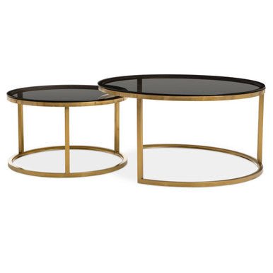 Set of 2 Black Tinted Glass Round Tops Nesting Coffee Tables with Brushed Gold Stainless Steel Frames, Alana - Joe’s Haven