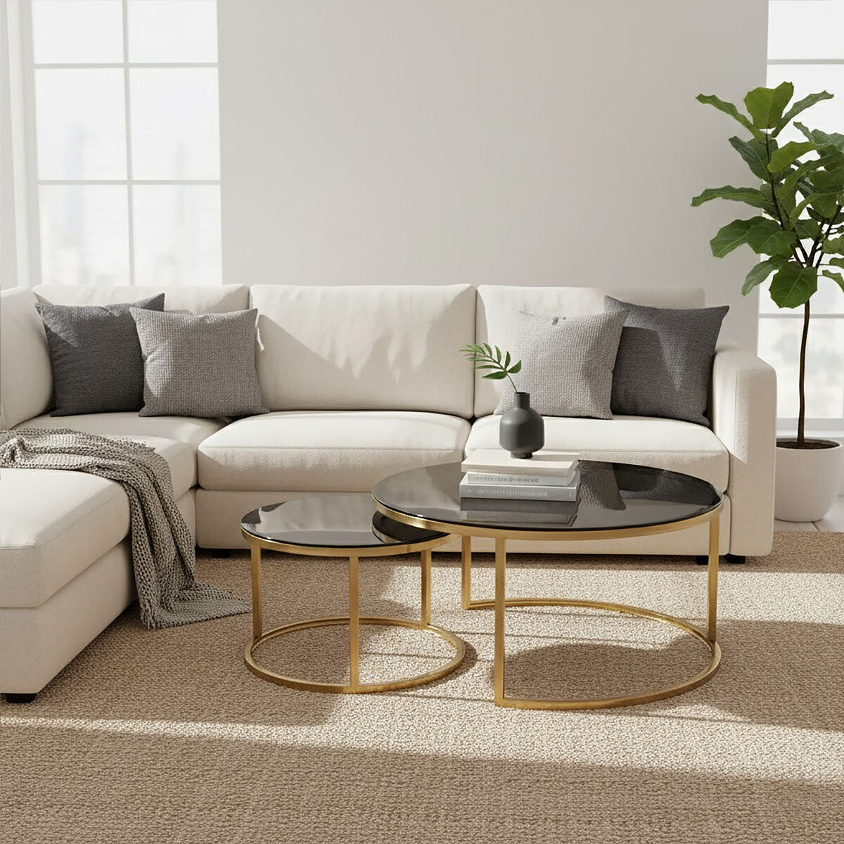 Set of 2 Black Tinted Glass Round Tops Nesting Coffee Tables with Brushed Gold Stainless Steel Frames, Alana - Joe’s Haven
