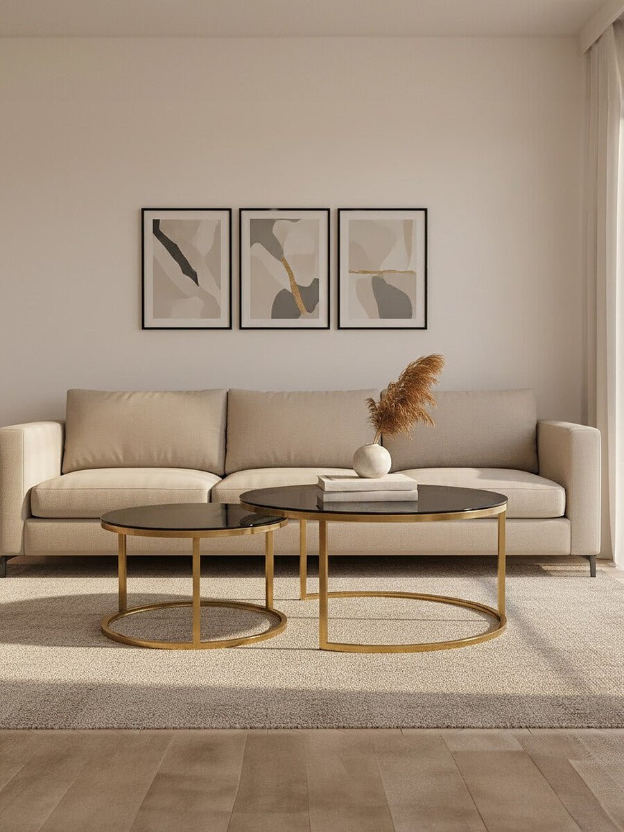 Set of 2 Black Tinted Glass Round Tops Nesting Coffee Tables with Brushed Gold Stainless Steel Frames, Alana - Joe’s Haven