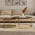 Set of 2 Black Tinted Glass Round Tops Nesting Coffee Tables with Brushed Gold Stainless Steel Frames, Alana - Joe’s Haven