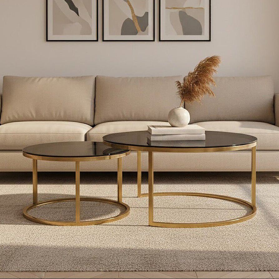 Set of 2 Black Tinted Glass Round Tops Nesting Coffee Tables with Brushed Gold Stainless Steel Frames, Alana - Joe’s Haven