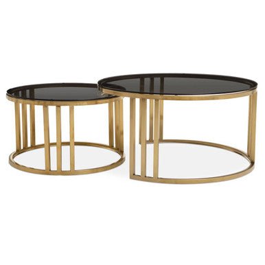 Set of 2 Tinted Glass Round Tops Nesting Coffee Tables with Brushed Gold Stainless Steel Frames, Alana - Joe’s Haven
