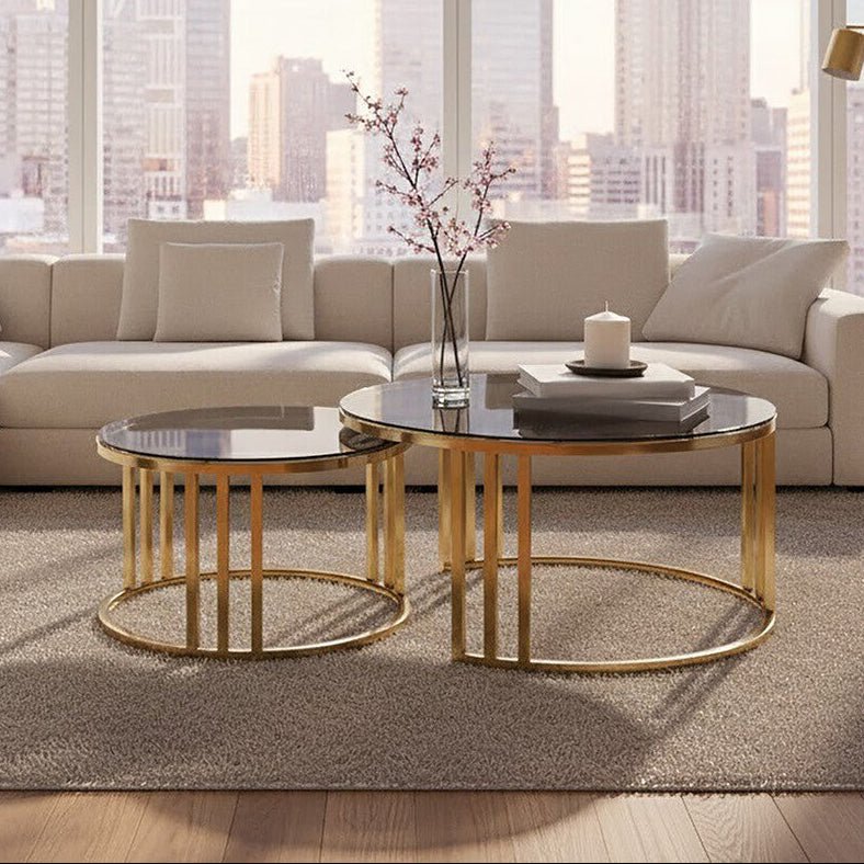 Set of 2 Tinted Glass Round Tops Nesting Coffee Tables with Brushed Gold Stainless Steel Frames, Alana - Joe’s Haven