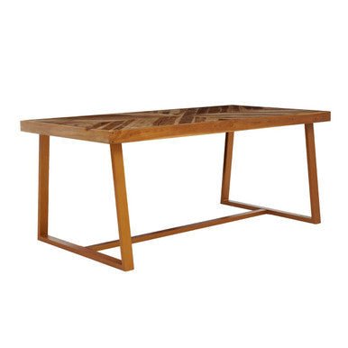 Natural Teak Wood Dining Table with Herringbone Top and Gold Finish Metal Frame, Kendari - Joe’s Haven