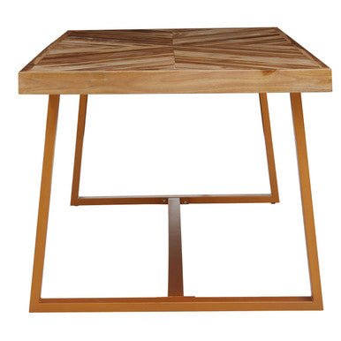 Natural Teak Wood Dining Table with Herringbone Top and Gold Finish Metal Frame, Kendari - Joe’s Haven