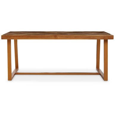Natural Teak Wood Dining Table with Herringbone Top and Gold Finish Metal Frame, Kendari - Joe’s Haven
