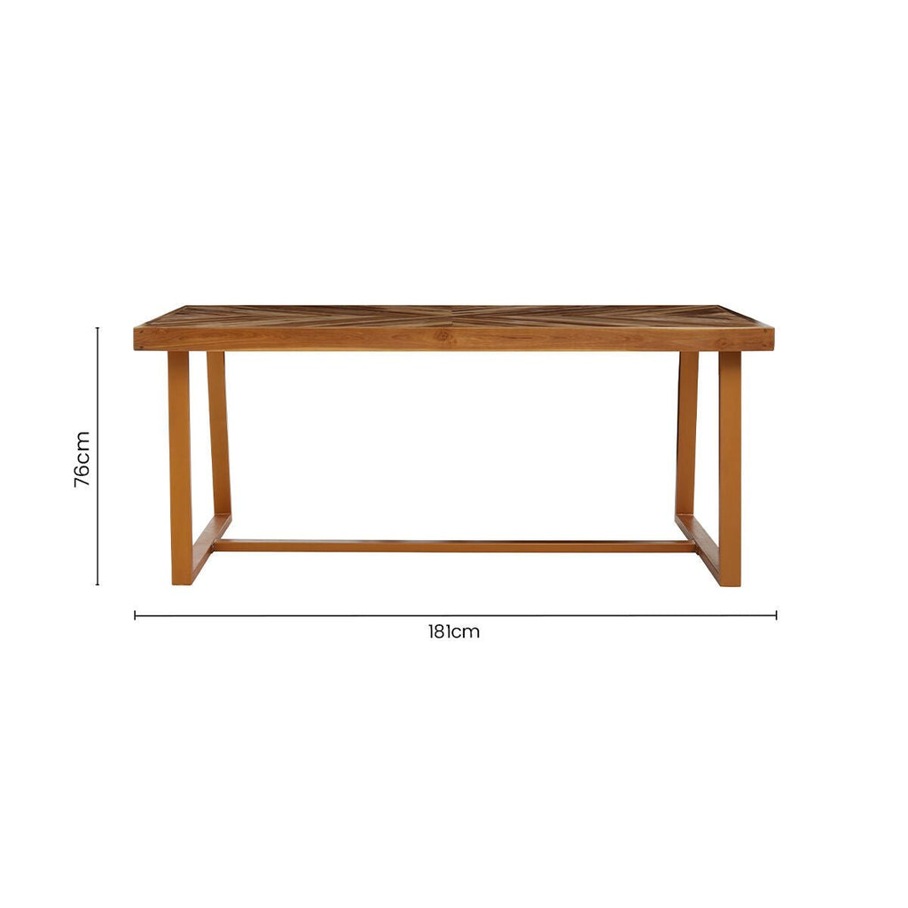 Natural Teak Wood Dining Table with Herringbone Top and Gold Finish Metal Frame, Kendari - Joe’s Haven