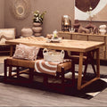 Natural Teak Wood Dining Table with Herringbone Top and Gold Finish Metal Frame, Kendari - Joe’s Haven