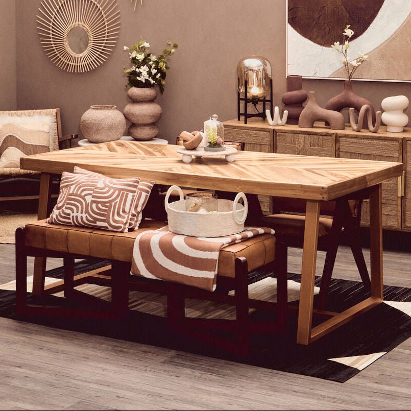 Natural Teak Wood Dining Table with Herringbone Top and Gold Finish Metal Frame, Kendari - Joe’s Haven