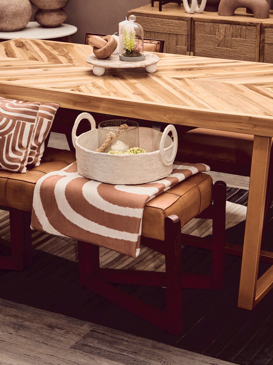 Natural Teak Wood Dining Table with Herringbone Top and Gold Finish Metal Frame, Kendari - Joe’s Haven