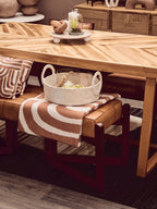Natural Teak Wood Dining Table with Herringbone Top and Gold Finish Metal Frame, Kendari - Joe’s Haven