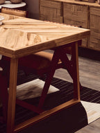 Natural Teak Wood Dining Table with Herringbone Top and Gold Finish Metal Frame, Kendari - Joe’s Haven