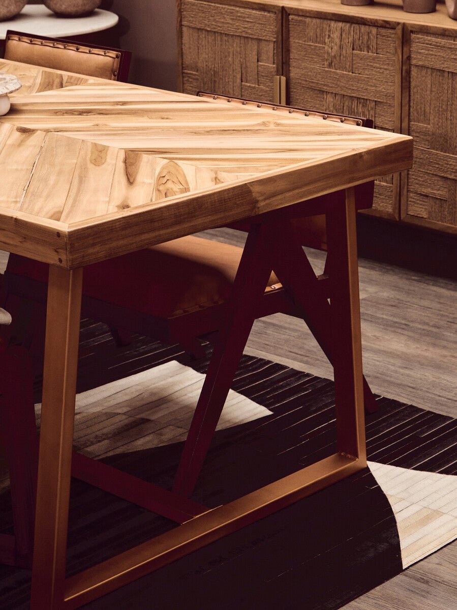 Natural Teak Wood Dining Table with Herringbone Top and Gold Finish Metal Frame, Kendari - Joe’s Haven