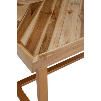 Natural Teak Wood Dining Table with Herringbone Top and Gold Finish Metal Frame, Kendari - Joe’s Haven