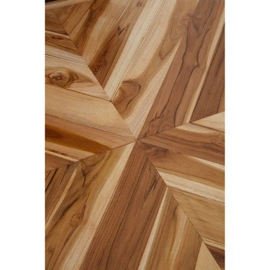 Natural Teak Wood Dining Table with Herringbone Top and Gold Finish Metal Frame, Kendari - Joe’s Haven