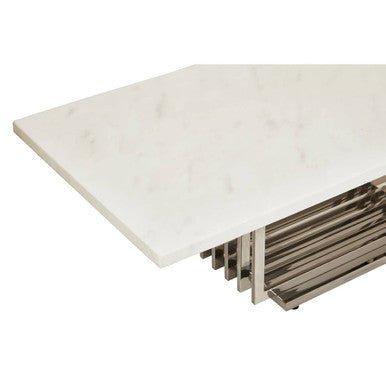 White Faux Marble Top Coffee Table with Silver Geometric Stainless Steel Frame, Moda - Joe’s Haven
