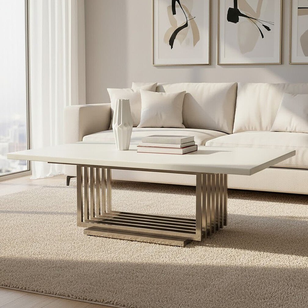White Faux Marble Top Coffee Table with Silver Geometric Stainless Steel Frame, Moda - Joe’s Haven
