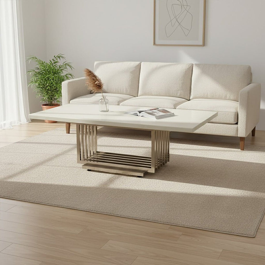 White Faux Marble Top Coffee Table with Silver Geometric Stainless Steel Frame, Moda - Joe’s Haven
