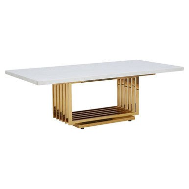 Ivory White Faux Marble Top Coffee Table with Geometric Gold Finished Stainless Steel Frame, Moda - Joe’s Haven