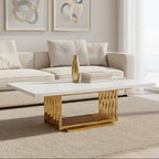 Ivory White Faux Marble Top Coffee Table with Geometric Gold Finished Stainless Steel Frame, Moda - Joe’s Haven