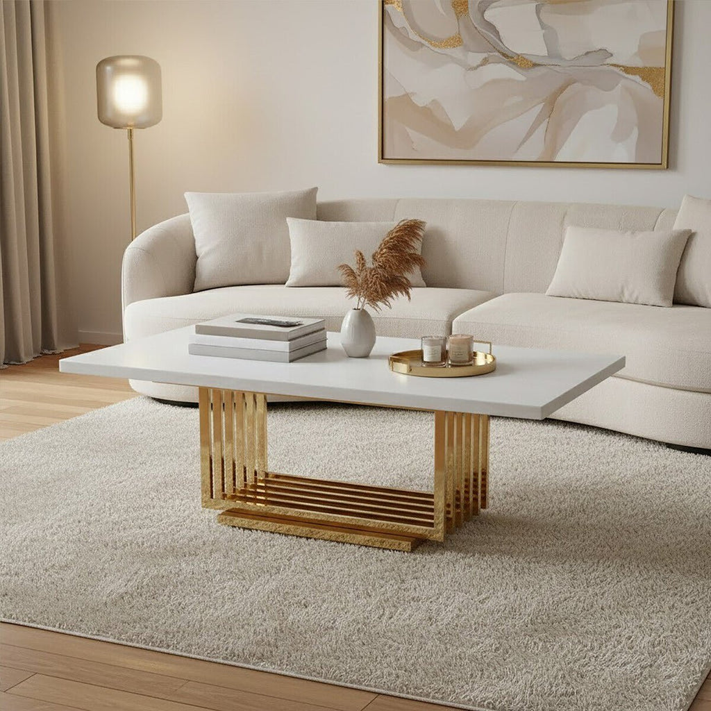 Ivory White Faux Marble Top Coffee Table with Geometric Gold Finished Stainless Steel Frame, Moda - Joe’s Haven