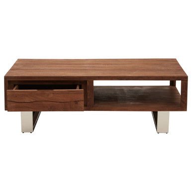 Brown Acacia Wood 1 - Drawer Coffee Table with 1 Open Shelf and Stainless Steel Legs, Simla - Joe’s Haven
