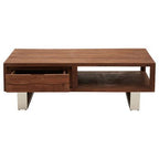 Brown Acacia Wood 1 - Drawer Coffee Table with 1 Open Shelf and Stainless Steel Legs, Simla - Joe’s Haven