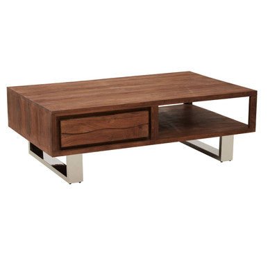 Brown Acacia Wood 1 - Drawer Coffee Table with 1 Open Shelf and Stainless Steel Legs, Simla - Joe’s Haven