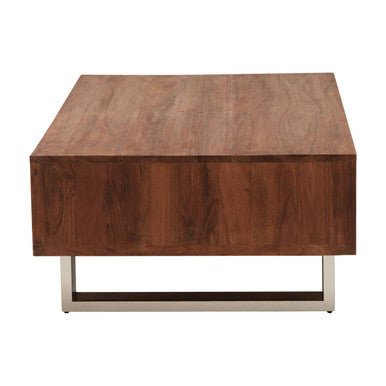 Brown Acacia Wood 1 - Drawer Coffee Table with 1 Open Shelf and Stainless Steel Legs, Simla - Joe’s Haven