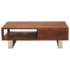 Brown Acacia Wood 1 - Drawer Coffee Table with 1 Open Shelf and Stainless Steel Legs, Simla - Joe’s Haven