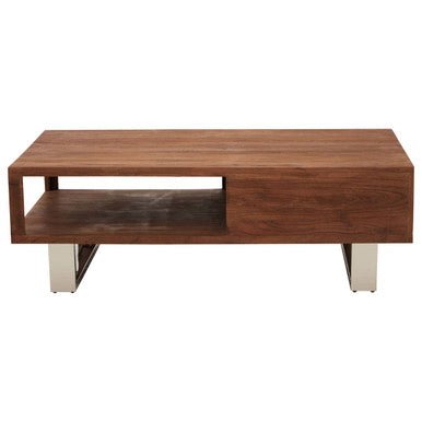 Brown Acacia Wood 1 - Drawer Coffee Table with 1 Open Shelf and Stainless Steel Legs, Simla - Joe’s Haven