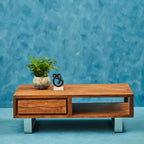 Brown Acacia Wood 1 - Drawer Coffee Table with 1 Open Shelf and Stainless Steel Legs, Simla - Joe’s Haven