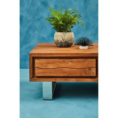 Brown Acacia Wood 1 - Drawer Coffee Table with 1 Open Shelf and Stainless Steel Legs, Simla - Joe’s Haven