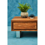 Brown Acacia Wood 1 - Drawer Coffee Table with 1 Open Shelf and Stainless Steel Legs, Simla - Joe’s Haven