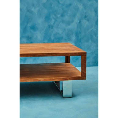 Brown Acacia Wood 1 - Drawer Coffee Table with 1 Open Shelf and Stainless Steel Legs, Simla - Joe’s Haven