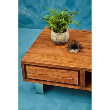 Brown Acacia Wood 1 - Drawer Coffee Table with 1 Open Shelf and Stainless Steel Legs, Simla - Joe’s Haven